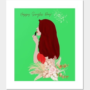 Empowerment & Elegance: 'Happy Singles Day' with Chic Lipstick Girl & Floral Accents Posters and Art